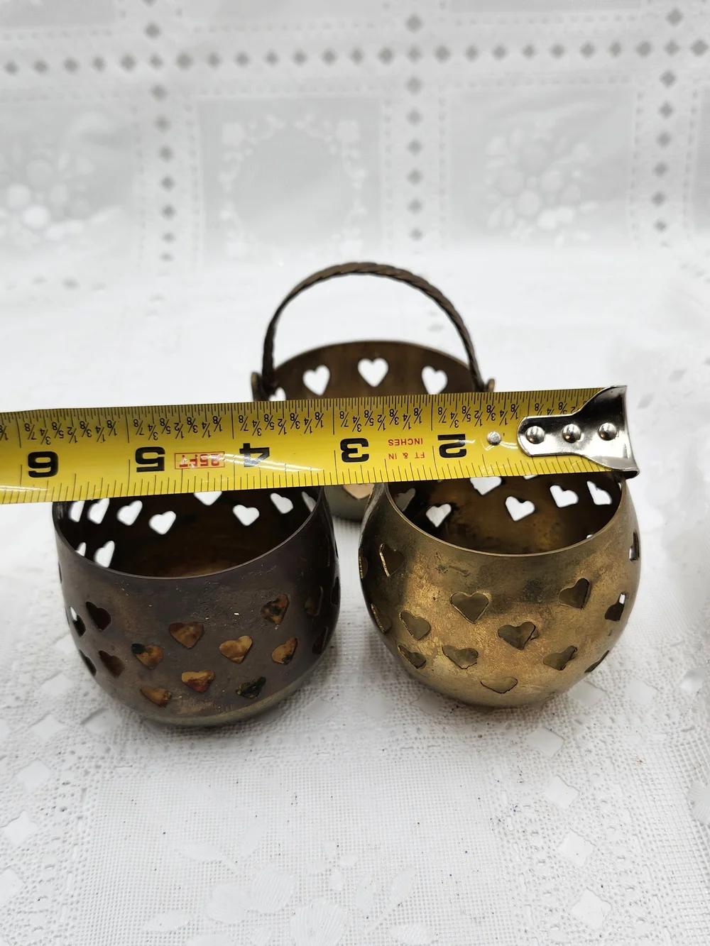 lot of 3  Solid Brass Heart Cut Out Votive Candle Holder Tea Light